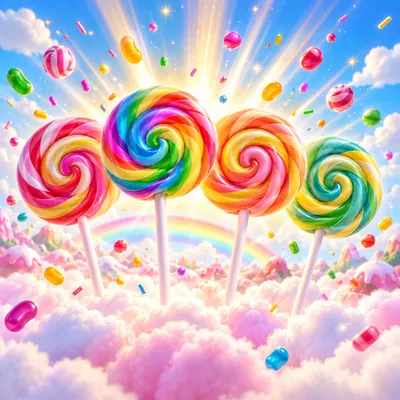 Işık saçarak yükselen dört gökkuşağı renkli lolipop