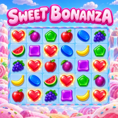Sweet Bonanza yazısının altında altıya beşlik ızgarada parlayan kalp şekerler ve meyveler