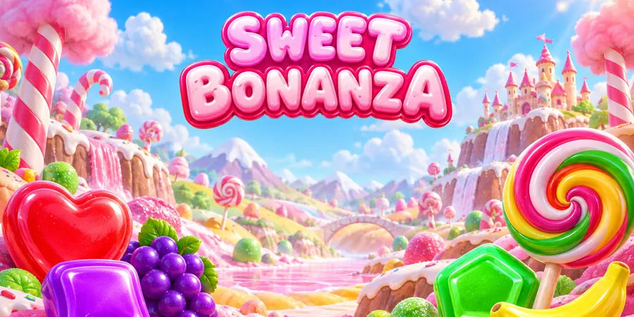 Gündüz şeker diyarında Sweet Bonanza yazısı, lolipoplar ve renkli şekerler